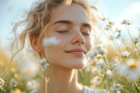 Hypersensitive allergy concept. Woman closing her nose to prevent inhaling seasonal flower pollen, avoiding allergic reactions, Generative AI