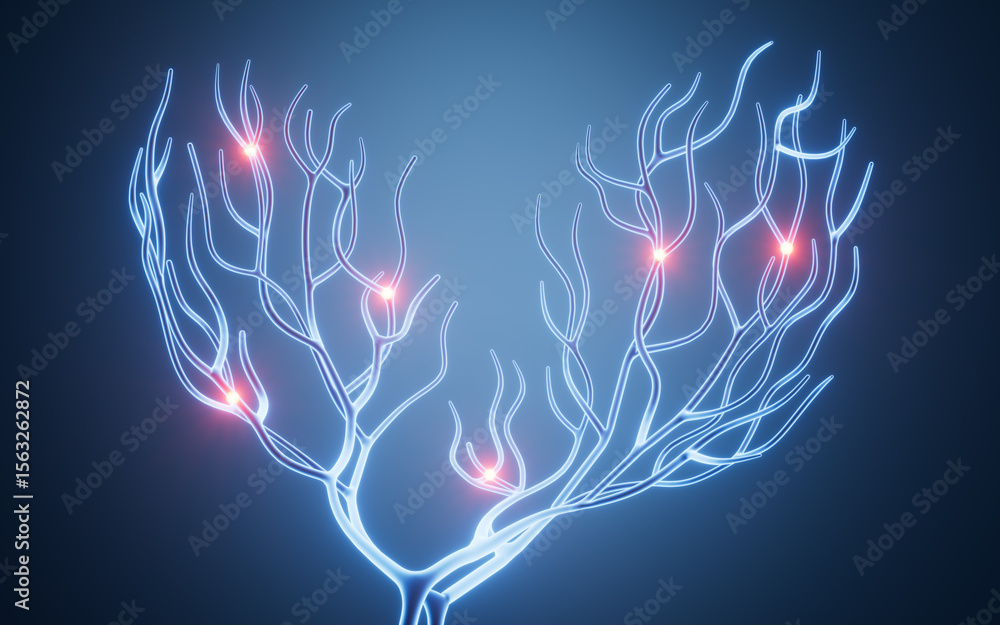 Poster a branching biological neural network, 3d rendering.