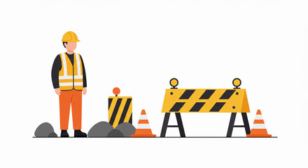 Flat Design of Construction Worker Near Barrier and Traffic Cones &ndash; Roadwork and Safety Concept Illustration