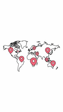 World map with countries borders and red location pointers in outline black map. Vertical screen white background looping animation