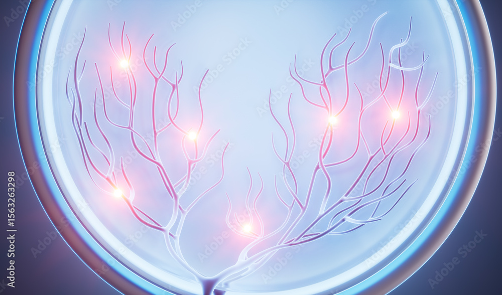 Poster a branching biological neural network, 3d rendering.