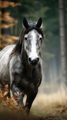 Majestic grey horse runs through forest surrounded by autumn leaves in soft morning light
