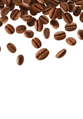 Naklejka premium Numerous individual roasted coffee beans, dark brown to caramel, dynamically suspended mid-air against a pristine transparent background with negative copy space, perfectly lit, ultra-realistic