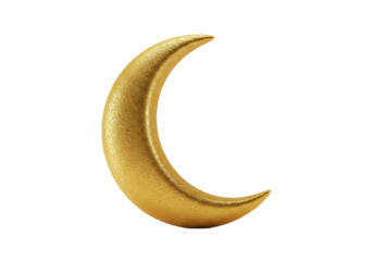 A solitary golden crescent moon with sparkling glittery texture, shown in a three-quarter view against a transparent studio background, perfectly illuminated for a luxury product concept
