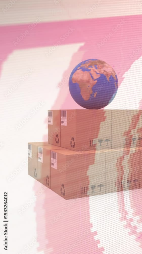 Aufkleber animation of data processing over globe and stack of cardboard boxes