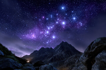 Fototapeta premium Vibrant starry night above majestic mountain landscape in a serene wilderness setting