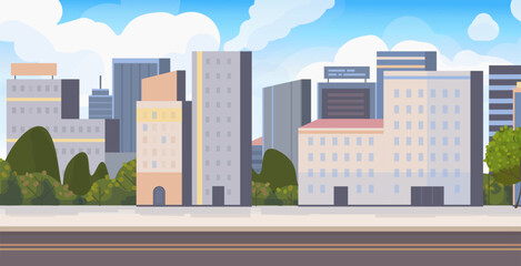 Fototapeta premium Horizontal cityscape. Modern urban landscape with towering multi-story buildings, trees and road. Metropolis skyline. Downtown on summer day. Vector illustration. Not AI generated
