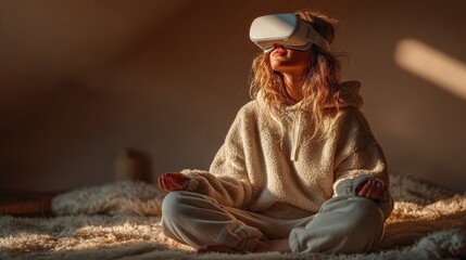 Woman Meditating in VR Headset: Peaceful Tech Escape