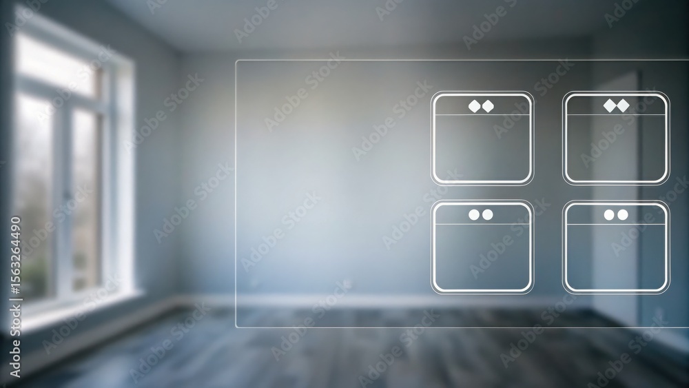 Poster modern empty room with large window and a digital smart home interface overlay.