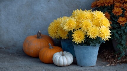 Yellow chrysanthemums nestled among autumn pumpkins whisper Diwali warmth, evoking vibrant Harvest Moon celebrations and rustic tranquility