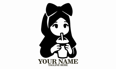 Cute hijab drink girl logo, cute hijab drink girl vector illustration and happy girl in hijab enjoying bubble vector illustration