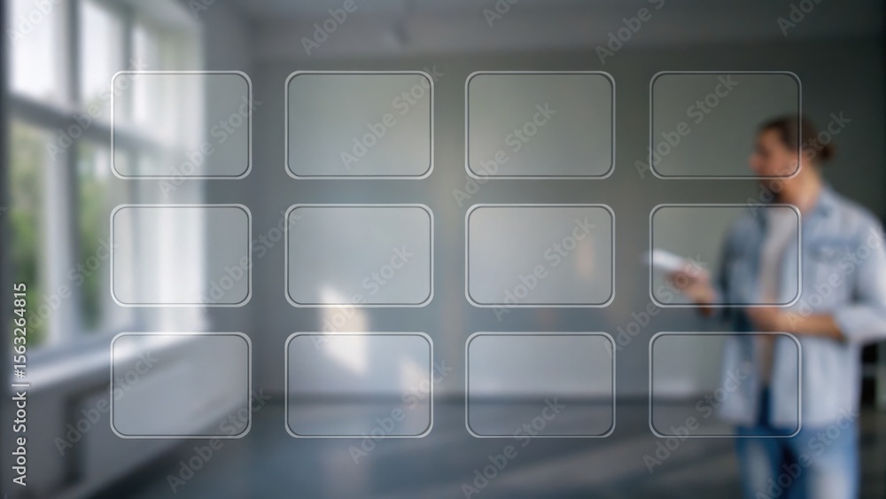 Aufkleber a person interacts with a virtual grid interface in a bright, modern room with large windows.