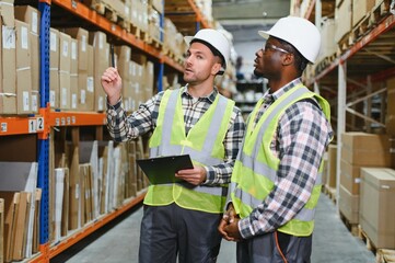 Two warehouse workers. Logistic and business export concept