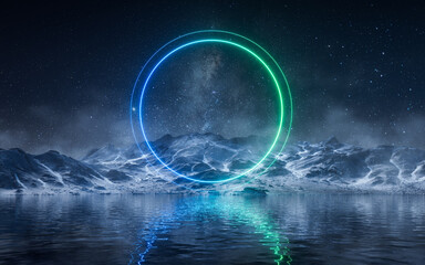 Glowing neon lines on the lake at night, 3d rendering.