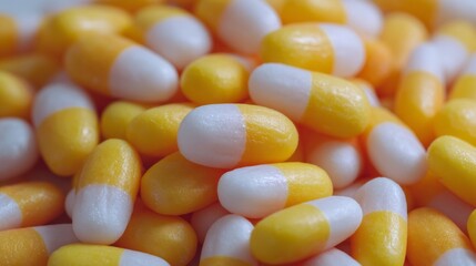 Candy corn capsule bonanza, sugary autumn nostalgia, whimsical All Hallows' Eve delight, quirky confectionery gathering, sweet tooth revelry