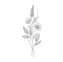 Minimal Black Line Art of Wildflowers on White Background