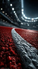 Perspective view of a running track with stadium lights illuminating the scene during a nighttime athletic event