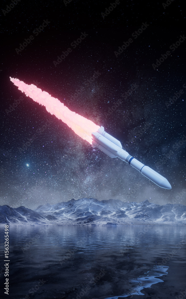 Poster a space rocket landing with starry background, 3d rendering.