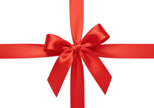Vibrant red satin ribbon tied into an elegant bow, forming a cross pattern, shot top-down on a pristine transparent background with extensive copy space, no shadows, gift-wrapping and holiday