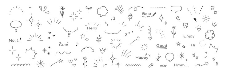 Obraz premium A collection of various doodle sketches including speech bubbles stars text and other assorted simple drawings