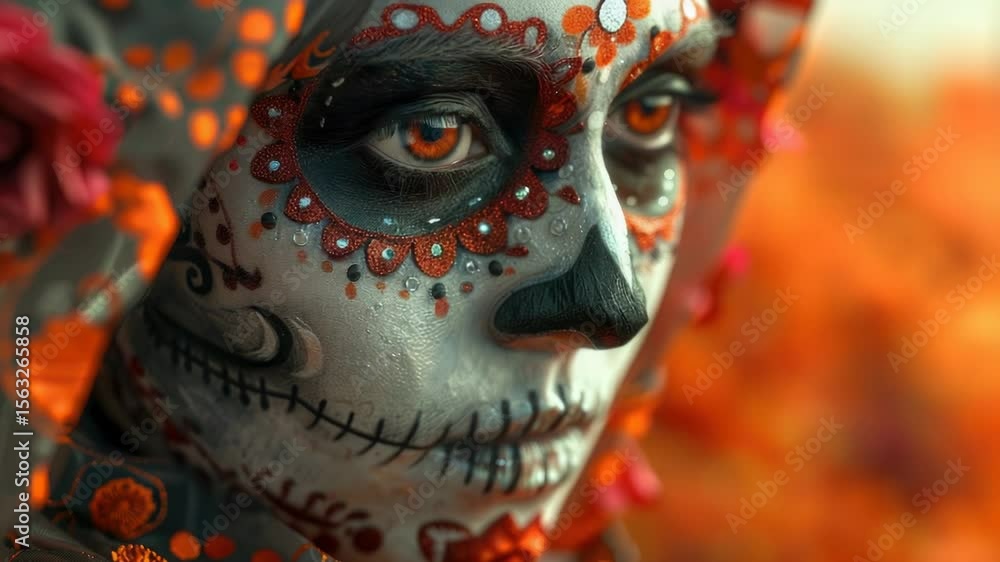 Poster a detailed view of a person's face with colorful paint applied