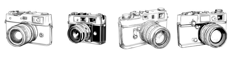 Illustration of a vintage camera icon in black and white outline, featuring a detailed lens and buttons