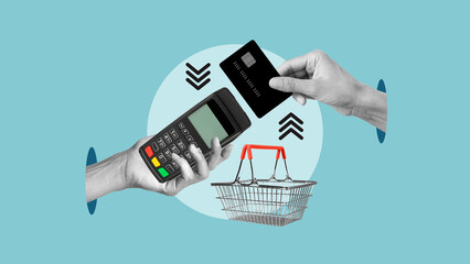 Hands hold cashless credit card payment pos terminal nfc service. Inflation as goods price increase...