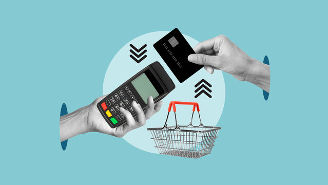 Hands hold cashless credit card payment pos terminal nfc service. Inflation as goods price increase cause - Powered by Adobe