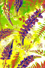 Digitally enhanced floral background with purple lupins and fern leaves on a vivid green and yellow backdrop. Eye-catching and artistic