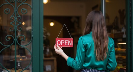 Woman turning open sign on green door of bakery shop, small business owner starting work day