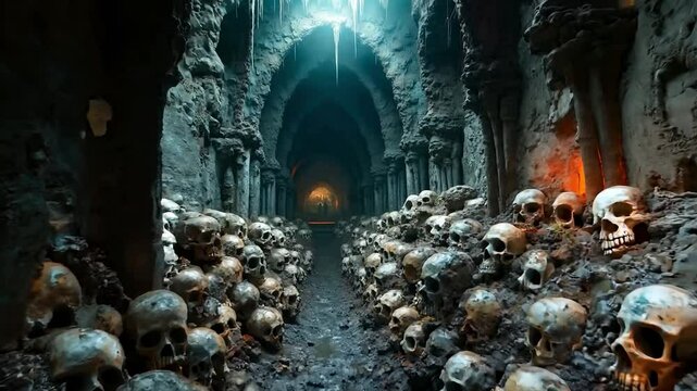 A tunnel full of skulls in a cave filled with skulls