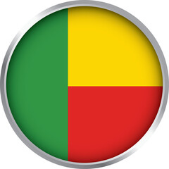 3D circular icon of Benin national flag with green vertical band and horizontal yellow and red sections in circle

