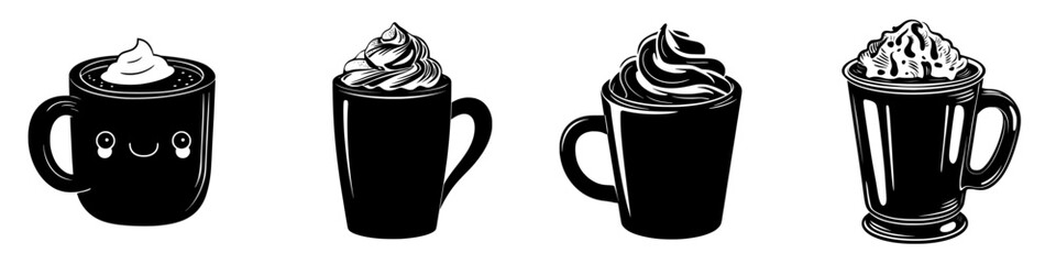 A simple modern art icon of a hot chocolate mug is represented by a black silhouette of a soft drink's hot chocolate mug