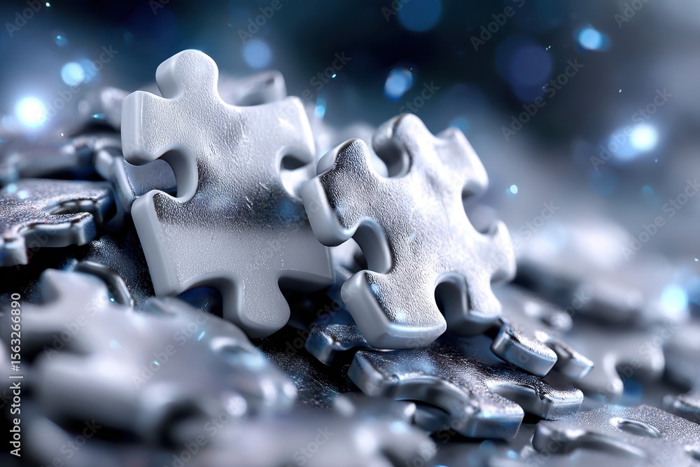 Poster collection of shiny puzzle pieces displaying intricate design on a blurred background