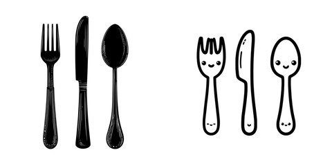 A black silhouette icon of a fork, knife, and spoon is set against a white background