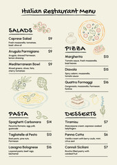 Hand drawn Italian restaurant menu template with vintage food sketch of pizza, pasta, desserts, herbs in rustic Mediterranean style. Vector illustration for cafe, bar.