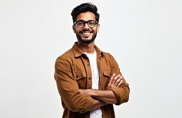 Confident Hispanic man wearing glasses, brown shirt poses on gray background. Smiling, arms crossed, ready for business, showing success and confidence. Young businessman portrait.