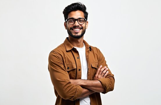 Confident Hispanic man wearing glasses, brown shirt poses on gray background. Smiling, arms crossed, ready for business, showing success and confidence. Young businessman portrait. - Powered by Adobe