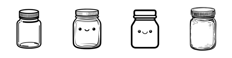 A black outline style icon of a glass jar is set against a white background