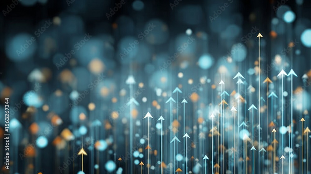 Poster dynamic ascending arrows on blurred bokeh glowing particle background for business growth concept
