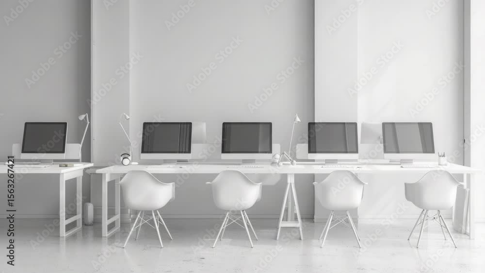 Poster A row of computers sitting on a white desk