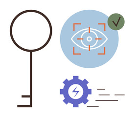 Key, biometric eye scan with approval checkmark, and gear with lightning bolt emphasize security, verification, innovation, and efficiency. Ideal for security, technology, vision identity