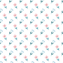 Seamless Pattern of Pink and Blue Flowers on White