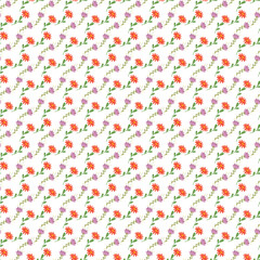 Seamless Floral Pattern Featuring Red and Purple Blossoms with Green Leaves