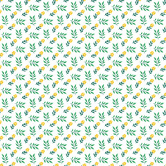 Seamless Botanical Pattern with Green Leaves and Yellow Flowers on White Background