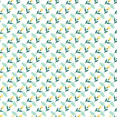 Seamless Pattern of Yellow Flowers with Green Leaves on White Background