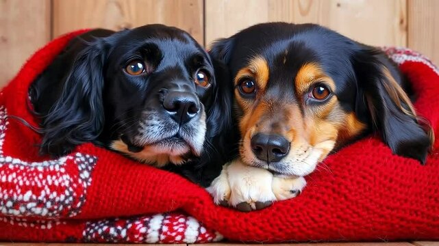Two dogs laying on a red blanket