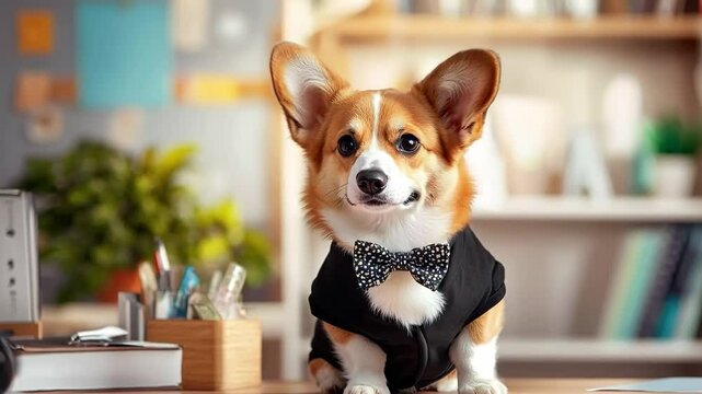 A dog wearing a bow tie sitting on a desk