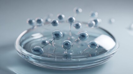 Molecular model of connected atoms in glass dish symbolizing medical research, biology and innovative pharmaceutical science in futuristic healthcare environments