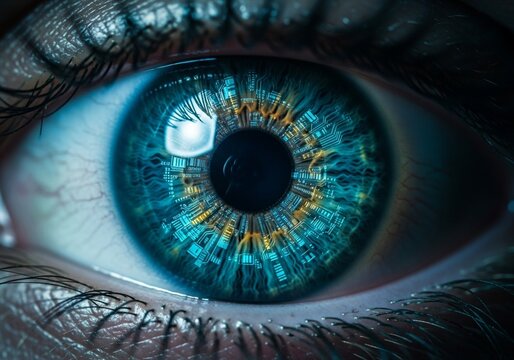 Close up of a human eye with a futuristic digital circuit pattern on the iris